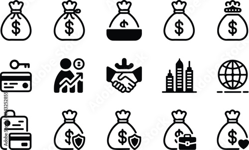 Money Bag Collection Silhouette Icon Set Cash Money Bag Typography Silhouette Icon Pack