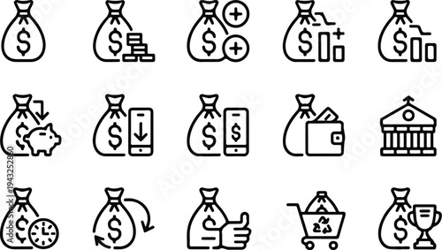 Money Bag Collection Silhouette Icon Set Cash Money Bag Typography Silhouette Icon Pack