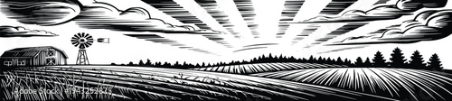 Farm field at sunset with sunburst rays barn and windmill panorama vector engraving illustration rural agriculture landscape backgrounds
