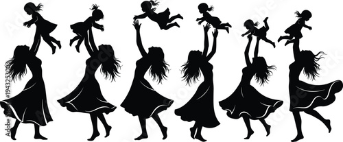 Mother lifting her child in the air in silhouette against a white background baby