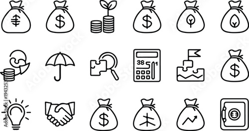 Money Bag Collection Silhouette Icon Set Cash Money Bag Typography Silhouette Icon Pack