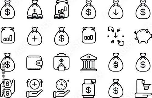 Money Bag Collection Silhouette Icon Set Cash Money Bag Typography Silhouette Icon Pack