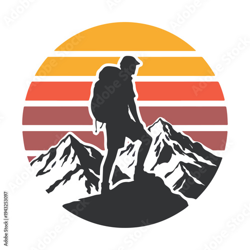 Hiker standing on mountain peak with backpack and trekking pole at sunset with snow capped mountains in the background  scenic landscape with silhouette of traveler