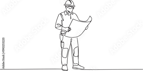 Construction Engineer Reviewing Blueprint Architectural Planning Line Art Illustration