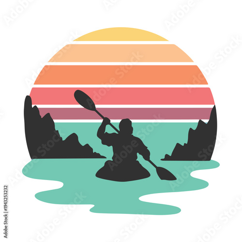 Kayaking silhouette with paddle on turquoise water near mountains at sunset