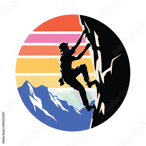 Man climbing a mountain with a backpack on a sunny day with a beautiful view of mountains  rock climbing  outdoor adventure