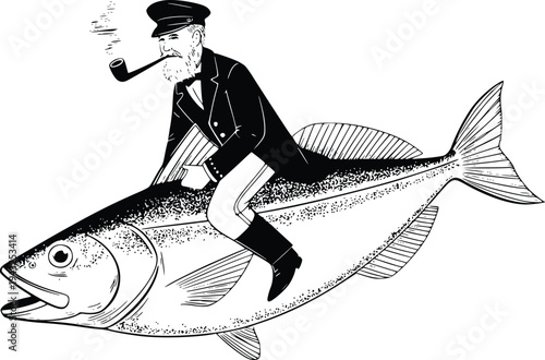 Old sailor smoking pipe riding giant fish vector illustration vintage sea captain maritime character silhouette engraving style artwork