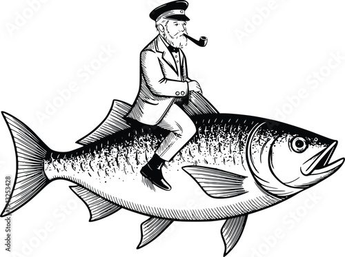 Old sailor captain riding big fish, engraving style vector drawing. Marine adventure and folklore concept art illustration