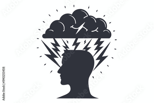 Black silhouette of a human head with a dark storm cloud hovering above, symbolizing stress, sadness, or mental turmoil, vector