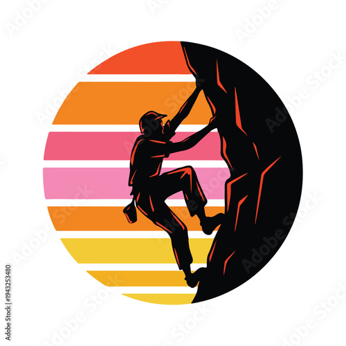Man climbing rock mountain with colorful sunset in background  adventure and challenge concept  silhouette of person with climbing gear