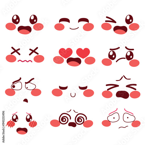 Vector cartoon set of cute kawaii eyes with multiple emotions including happy, peaceful, winking, excited, shocked, love, sad, dizzy and scary expressions isolated for character animation