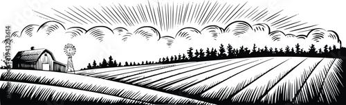 Rural farm landscape with barn and windmill, field rows, trees, and sun rays through clouds in woodcut engraving style