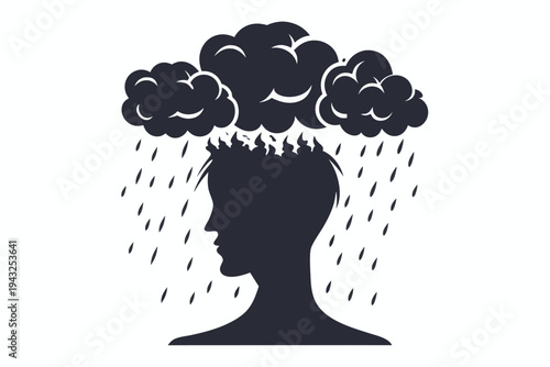 Black silhouette of a human head with a dark storm cloud hovering above, symbolizing stress, sadness, or mental turmoil, vector