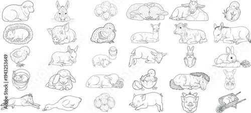 Cute Baby Farm Animals Coloring Pages Bundle – 30 Sleeping Farm Animal Line Art Illustrations for Kids Coloring Book
