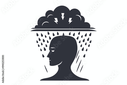 Black silhouette of a human head with a dark storm cloud hovering above, symbolizing stress, sadness, or mental turmoil, vector