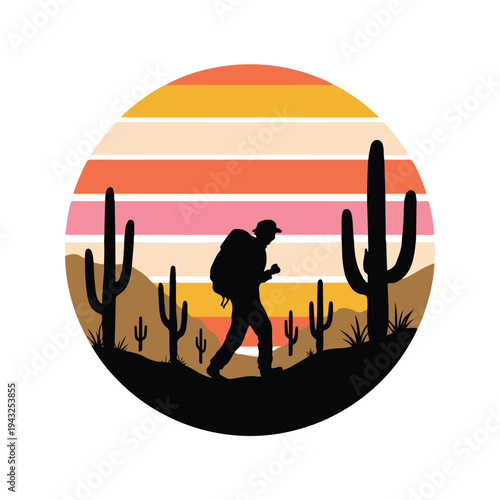 Man hiking in desert with cacti at sunset  a man with backpack walking among cacti during colorful desert sunset
