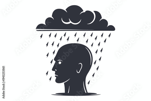 Black silhouette of a human head with a dark storm cloud hovering above, symbolizing stress, sadness, or mental turmoil, vector
