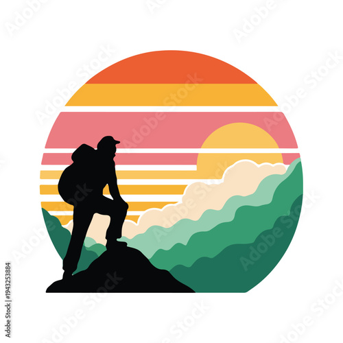 Man hiking on mountain peak at colorful sunset with backpack and cap outdoors in nature landscape