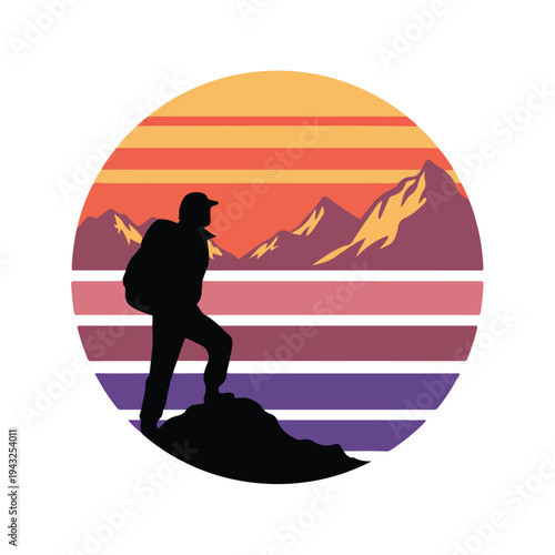 Man hiking on mountain peak at sunset with colorful sky and silhouette of mountains in background