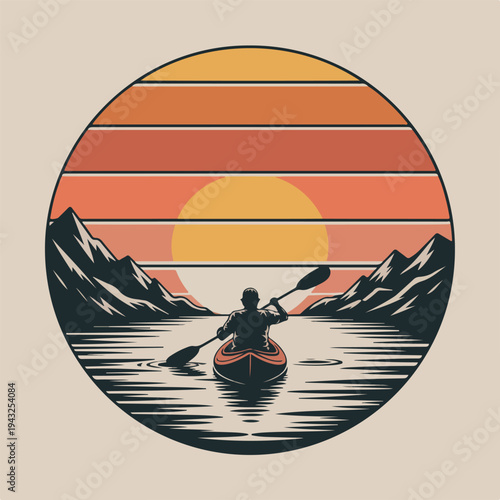 Man in a kayak on a serene lake surrounded by mountains during a vibrant sunset with a paddle in hand  peaceful outdoor adventure scene