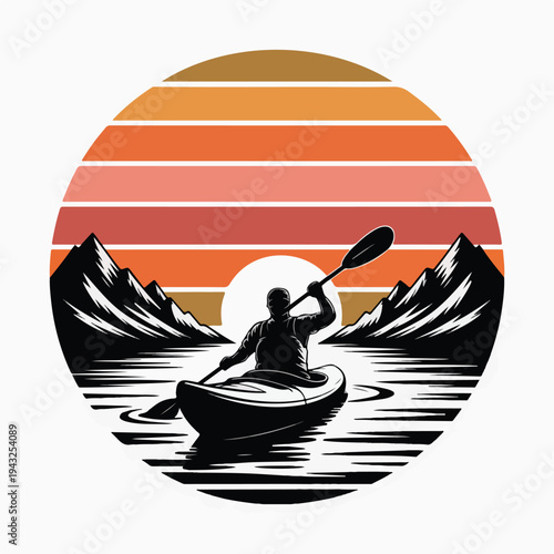 Man in a kayak paddling on a lake with mountains in the background at sunset  serene landscape with a person enjoying outdoor activities  peaceful scenery