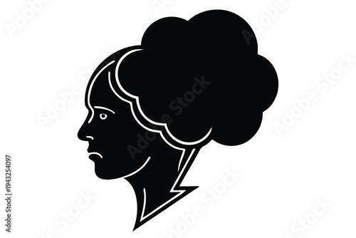 Monochromatic vector graphic depicting a head silhouette under a menacing storm cloud, symbolizing bad mood, mental turmoil, or negative emotions