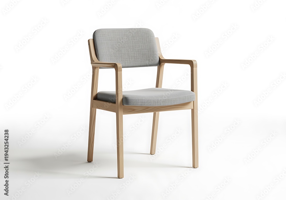 Fototapeta premium Elegant modern armchair with light wood frame and upholstered grey fabric cushions