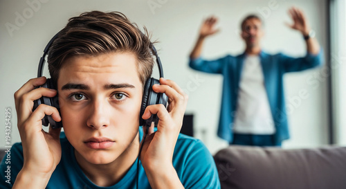 Teen ignoring parents while wearing earbuds symbolizing conflict and rebellion