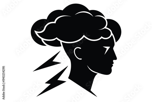 Bold black and white vector design featuring a head silhouette with a storm cloud above, representing a period of uncertainty or mental fog
