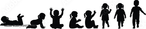 Silhouette Of Children In Various Poses Showing Developmental Stages kids babies