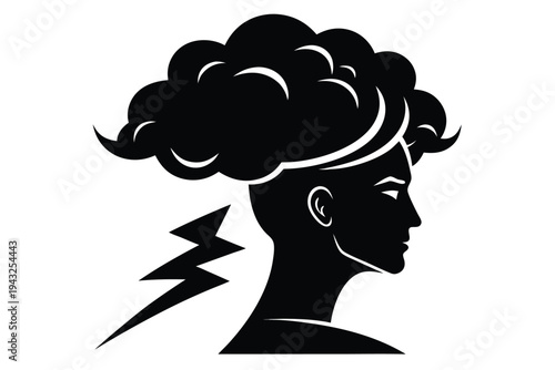 Clean, modern black and white vector illustration of a head silhouette under a dark storm cloud, symbolizing anxiety or a state of mental distress