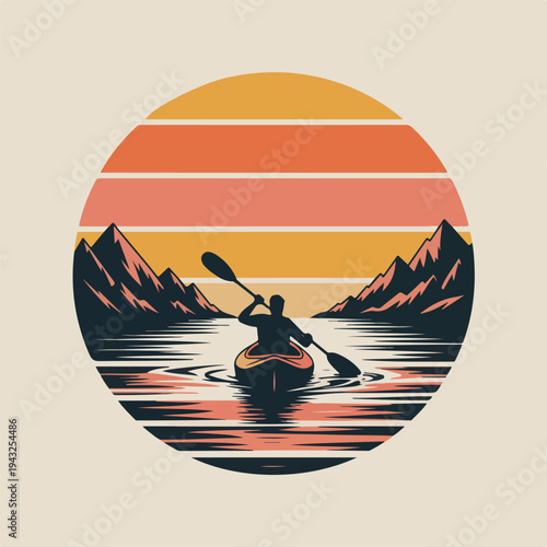 Man kayaking on a serene lake surrounded by majestic mountains during a breathtaking sunset with warm orange hues