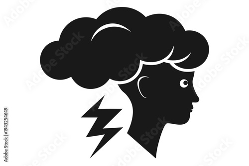 Minimalist black and white vector graphic of a head silhouette with a storm cloud directly above, indicating pressure, bad feelings, or a difficult time