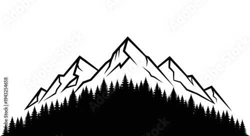 Mountain peaks with pine forest silhouette illustration.
