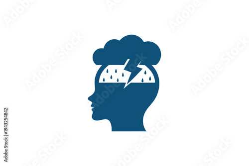 Vector graphic of a human head silhouette with a looming storm cloud overhead, representing worries, burdens, or mental health challenges, black and white