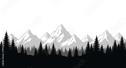 Mountain Range Silhouette with Trees.
