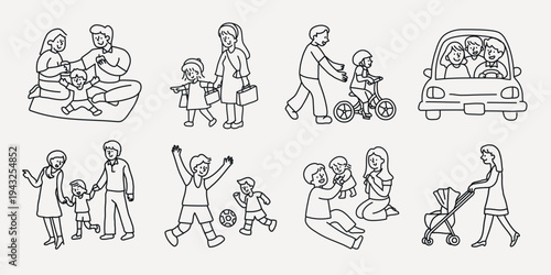 Family activities line art illustration vector set