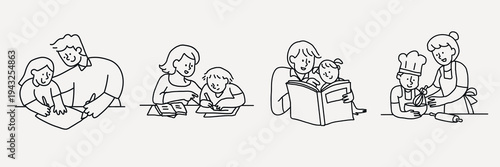 Family activities line art vector set