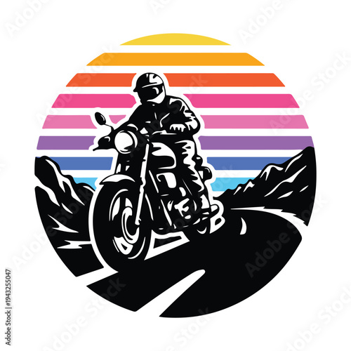 Motorcycle rider on a winding road at sunset with mountains in the background  a biker wearing a helmet rides a bike on a curved road with a colorful sky and hills