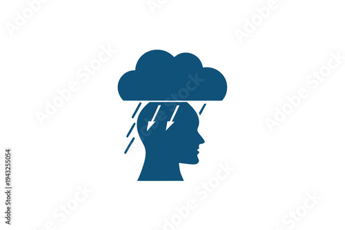 A black silhouette of a human head with a heavy storm cloud obscuring the top, signifying mental burden or overwhelming thoughts.