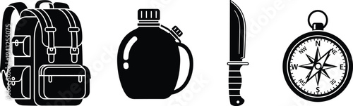 Four outdoor survival gear icons, backpack, canteen, knife, compass, camping equipment illustration, hiking tools design, adventure travel essentials art