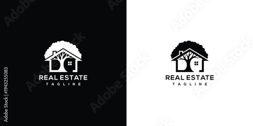 Real Estate DQ Logo Design with House and Tree Modern Property Branding Icon.