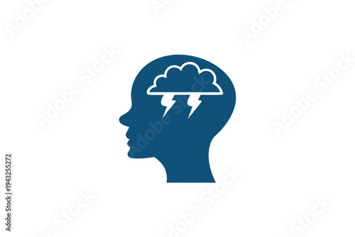 Profile silhouette of a head under a turbulent storm cloud, representing internal struggle, confusion, or a bad state of mind.