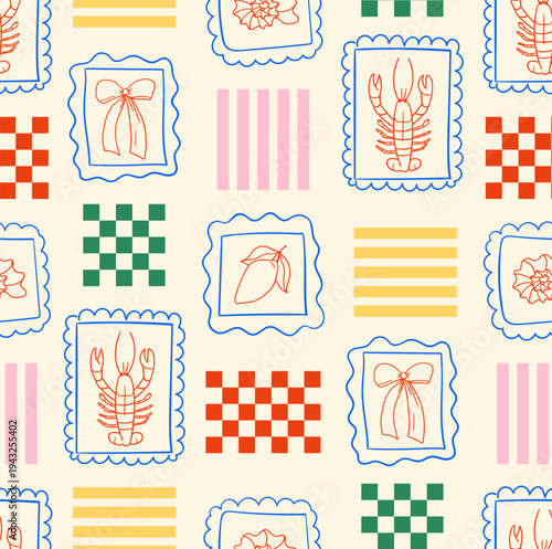 Hand drawn whimsical seamless pattern with lobsters, bows, lemons in frames and abstract elements of chessboards and stripes. Summer hand drawn vector background