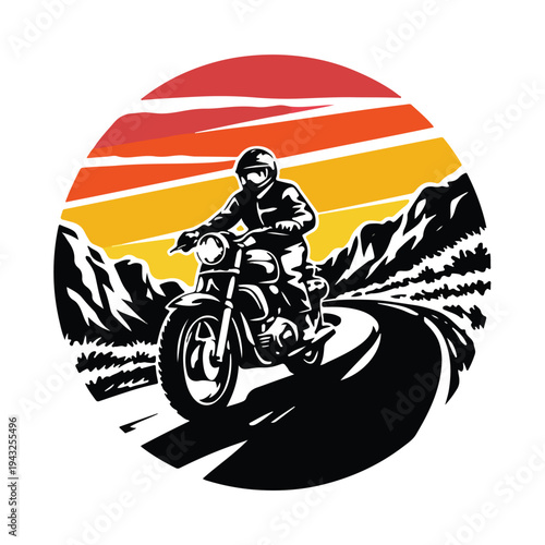 Motorcycle rider on winding road through mountains at colorful sunset  biker on bike with helmet driving fast on curved highway with scenic view  sunny day