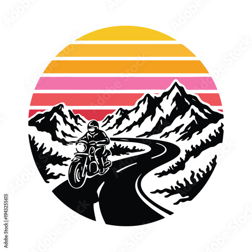 Motorcycle rider on winding road through snowy mountains at colorful sunset  scenic landscape with biker on bike  mountain road trip at dusk