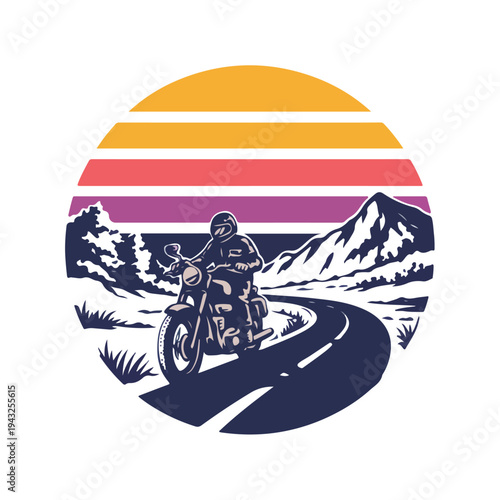 Motorcycle rider on winding road with mountains and sunset in background  scenic landscape with biker on bike  road trip adventure