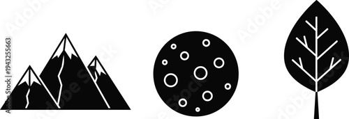 Three nature icons, mountain peaks, moon crater surface, leaf vein illustration, geography, astronomy, biology, black and white design art