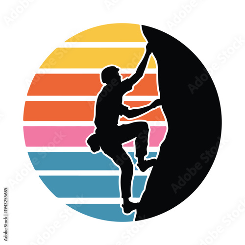 Mountain Rock Climber Reaching Summit at Sunset Retro Outdoor Adventure Vector