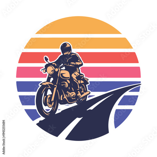 Motorcyclist riding on road towards colorful sunset with orange pink and blue hues  road trip travel concept